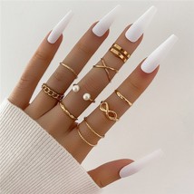 9 pcs/set Rings Sets Punk Vintage GolPearl Hollow Geometric Cross Open Ring for  - £9.58 GBP