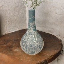 Studio Pottery 11” Vase Handmade in China Aqua Baby Blue Crazed Unique D... - $31.26