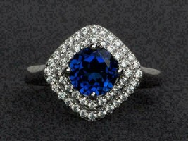 2.20Ct Round Sapphire Diamond Halo Engagement Ring 14K White Gold Plated Silver - £78.00 GBP