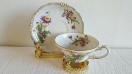 Adorable VTG Tea Cup &amp; Saucer Made in Japan Purple Flower Embossing Gold Trim - £11.73 GBP