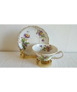 Adorable VTG Tea Cup &amp; Saucer Made in Japan Purple Flower Embossing Gold... - £11.79 GBP
