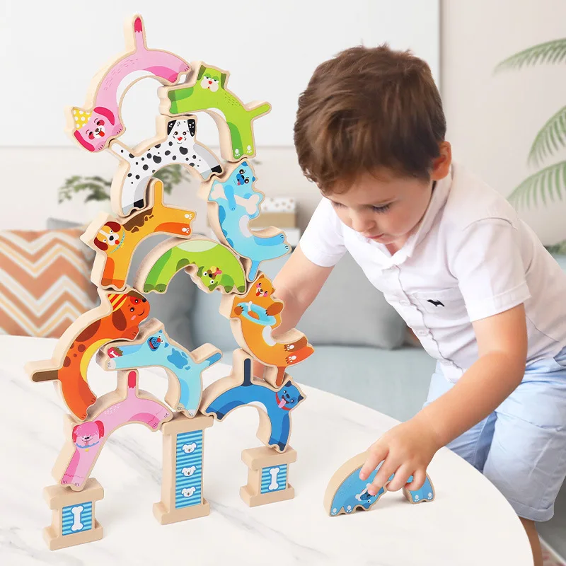 12PCS Puppy Wooden Puzzle Toys Stacking Height Blocks Toy Wooden Balance Games - £17.03 GBP