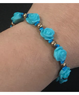 Hand Made Carved Plastic Blue Rose Bracelet - $10.00