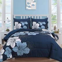 Navy Blue Comforter Set Queen Size, 7 Pieces Bed In A Bag Navy Blue Floral Comfo - £79.07 GBP