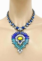 Turkish Inspired Chunky Statement Cluster Pendant Necklace Blue Green Rhinestone - $21.85