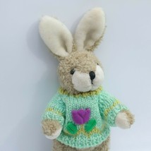 Vintage HugFun 1999 Plush Bunny Rabbit 10&quot; Doll Flower Knitted Teal Sweater  - £11.70 GBP