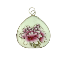 Pendant Pink Peony Floral White Teardrop Shape Edged in Silver Color Metal - £9.90 GBP