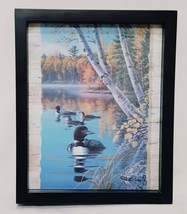 Loons on the Water Lake Framed Picture Black Wall or Tabletop Birds Fall 9&quot; - £9.85 GBP