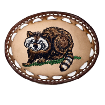 Vintage Racoon Embroider Brown Leather Oval Belt Buckle Laced Weave Whip... - $39.00