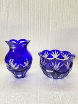 Fifth Ave Crystal Cobalt Blue Cut to Clear Vase &amp; Bowl Made in Hungary - £63.28 GBP