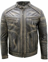 Men&#39;s Vintage Black Distressed Leather Jacket Faded Biker Jacket - £80.41 GBP