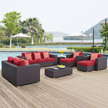 Convene 9 Piece Outdoor Patio Sofa Set Espresso Red EEI-2354-EXP-RED-SET - £3,225.57 GBP