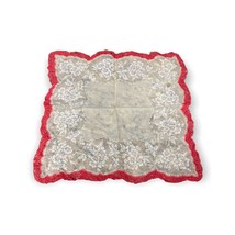 VINTAGE White Floral Dark Coral Hand Crochet Ladies Hanky Handkerchief 12&quot; Lace - £9.58 GBP