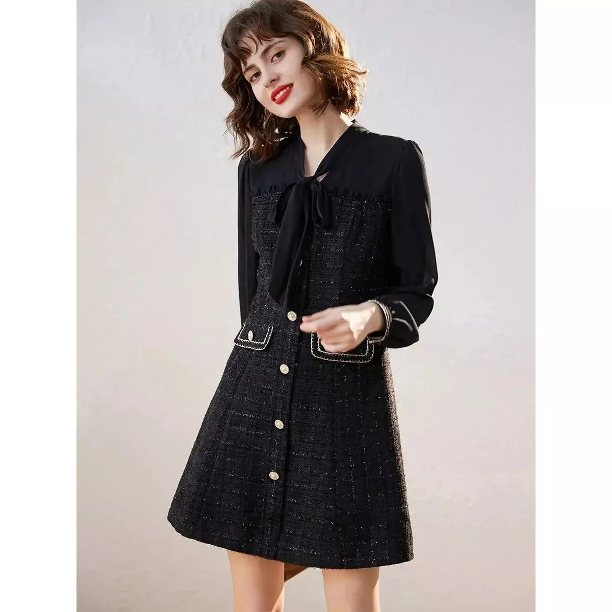 Elegant Bow Lace-up Long Sleeve V-Neck A-Line Dress - $1,709.01 MXN