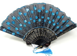 Aqua Sequin Folding Hand Held Fan Black Gold Frame Holographic Party Cos... - $12.86