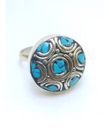 Vintage Tuareg Brass Turquoise Inlay Ring – Handmade Boho Statement Jewelry - $45.00
