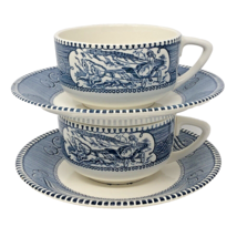 Currier &amp; Ives Cup &amp; Saucer Set Blue Flat Royal China Carriage/River Boat Set 2 - £13.70 GBP