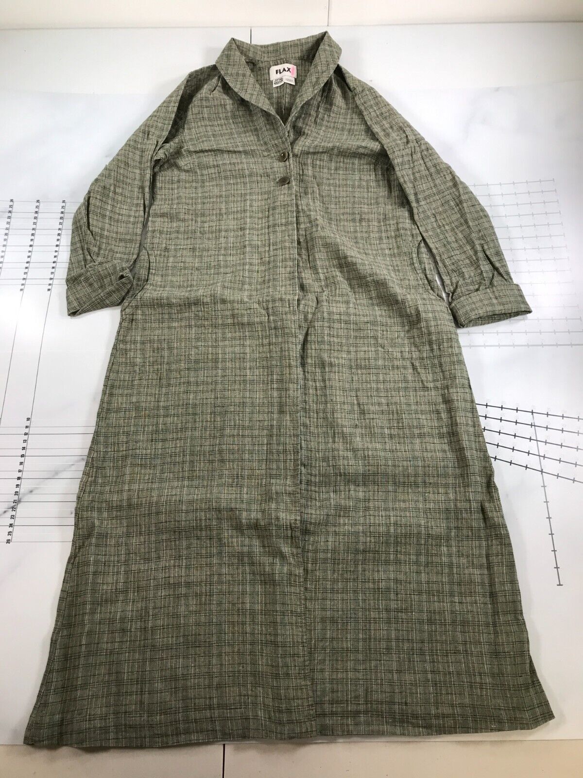Primary image for FLAX Tent Dress Womens Medium Green Checkered Plaid Long Sleeve Shawl Collar
