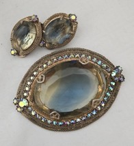 Large Vintage Cut Glass Blue/Amber with AB Stones Goldtone Brooch/Clip E... - $48.50