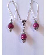 Victorian burgundy silver jewelry set porcelain beads long hook earrings... - $49.00