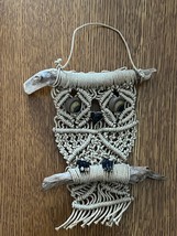 Vintage Small Tan Macrame OWL w Ceramic EYES Nose Perched on Drift Wood ... - $14.89