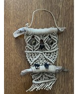 Vintage Small Tan Macrame OWL w Ceramic EYES Nose Perched on Drift Wood ... - £11.86 GBP