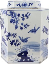 Jar Vase Bird Floral Flower Hexagonal Blue White Ceramic Hand-Painted Handmade - £223.02 GBP