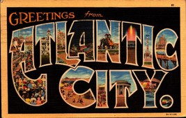 Greetings From Atlantic City NJ- Large Letter Linen Postcard -BK44 - £2.37 GBP