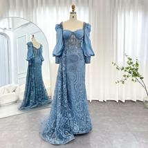 Beautiful Elegant Blue Mermaid Arabic Evening Dresses with Over skirt Long Sleev - £429.64 GBP