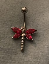 Dragonfly Silver Red Stones 1.25”H 14 Gauge Belly Button Ring Surgical S... - £3.80 GBP