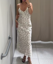 ZARA BNWT 2025. ECRU BROWN POLKA DOT SATIN MIDI DRESS STRAPS. 3067/214/086 - $66.92