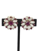 Weiss Vtg Clip On Pink White Earrings Flower Rhinestone Cluster Gold Tone Estate - $26.73