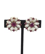 Weiss Vtg Clip On Pink White Earrings Flower Rhinestone Cluster Gold Ton... - £20.89 GBP
