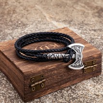 Norse Hatchet Multi-layer Leather Bracelets Men Stainless Steel Vikings Axe Wris - £12.46 GBP