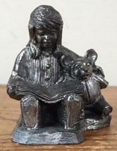 Vtg Michael Ricker Pewter Girl Reading Book Teddy Bear Figurine Handcrafted USA - $36.99