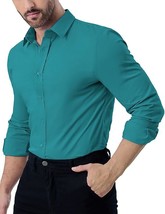 Men&#39;s Slim Fit Button Down Long Sleeve Stretch Collared Teal Dress Shirt L - $19.79