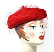 Red Wool Felt Beret w Veil Netting for Church Party Retro Style Hat - He... - £20.30 GBP