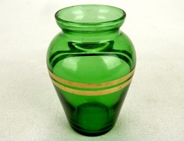 Anchor Hocking Urn Shape Bud Vase, Emerald Green Glass, Gold Bands, Vintage - $19.55