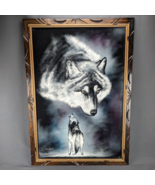 Large Black Velvet Painting Wolf Howling Signed Diana Framed 40 x 28 Mexico - £154.63 GBP