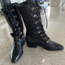 Vintage Ombeline Black Leather Lace-Up Flat Mid Calf Boots (37) - $163.63