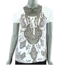 7 Wonders Womens Top Ivory Embellished Peasant Small Boho Short Sleeves - $11.71