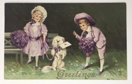 Colonial Greetings Boy Girl in Purple Lavender Poodle Germany Embossed PC 1912 - £8.05 GBP