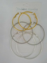Set Of 3 Sm Med Lg Hoop Earring Gold Silver Color Hinge Closure Fashion Jewelry - £16.05 GBP