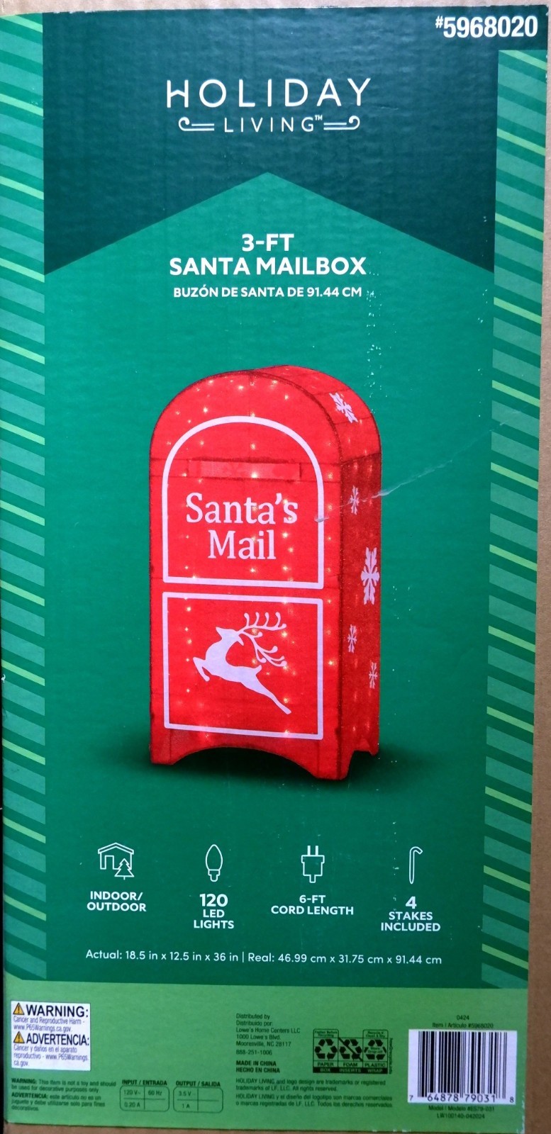 HOLIDAY LIVING 5968020 3-FT SANTA MAILBOX WITH 120 LED LIGHTS IN/OUTDOOR... - $119.98