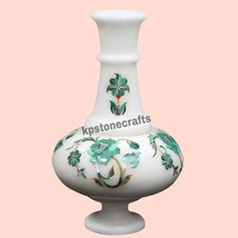 7&quot; Height Handcrafted White Marble Vase | Inlaid with Malachite &amp; Semiprecious - $608.06