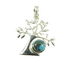 Handcrafted Solid 925 Sterling Silver Tree of Life w/Copper Turquoise Pendant - £21.18 GBP