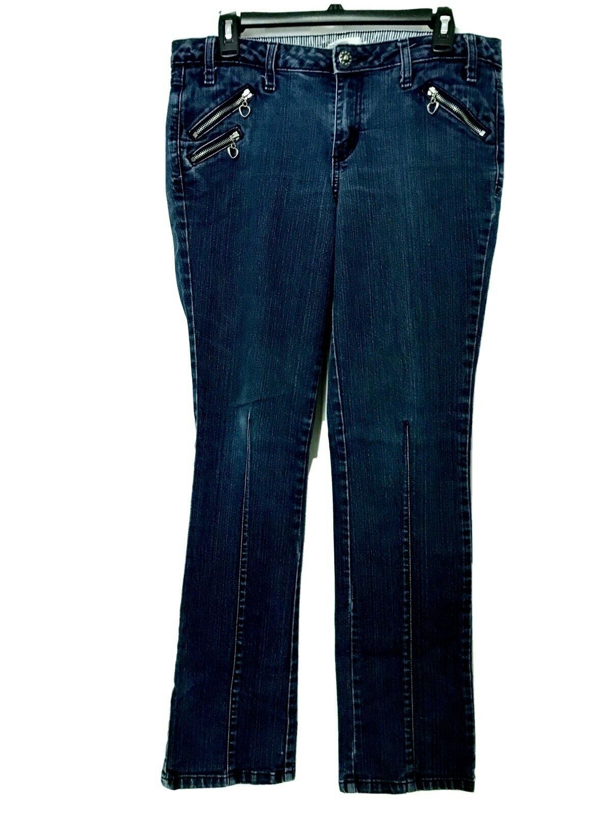 No Boundaries Womens Dark Wash Straight Leg Jeans with Heart Zippers Siz... - $16.97