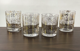 Set Of 4 Different MCM Gold Detailed Low-Ball Rocks Old Fashioned 3.75&quot; ... - £30.92 GBP