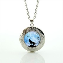 Silhouette Wolf Moon Cabochon LOCKET Pendant Silver Chain Necklace USA Ship #11 - £11.99 GBP