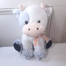 Walmart Cow plush Stuffed Animal White grey plaid bow gray horns calf sitting - £29.46 GBP